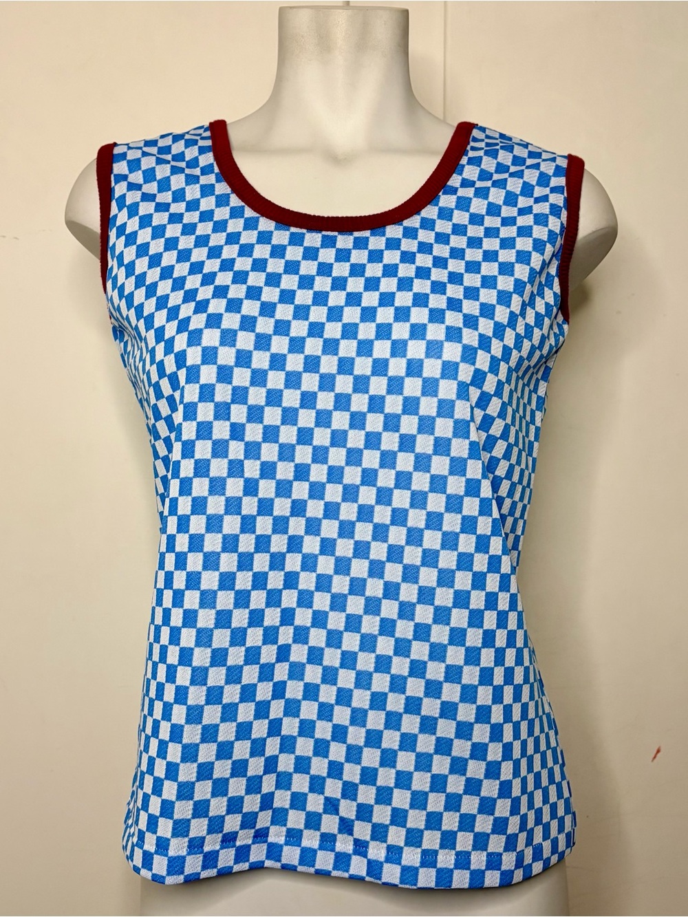Vintage 70s/80s Blue Checkered Print Hot Stuff Knit Tank Top